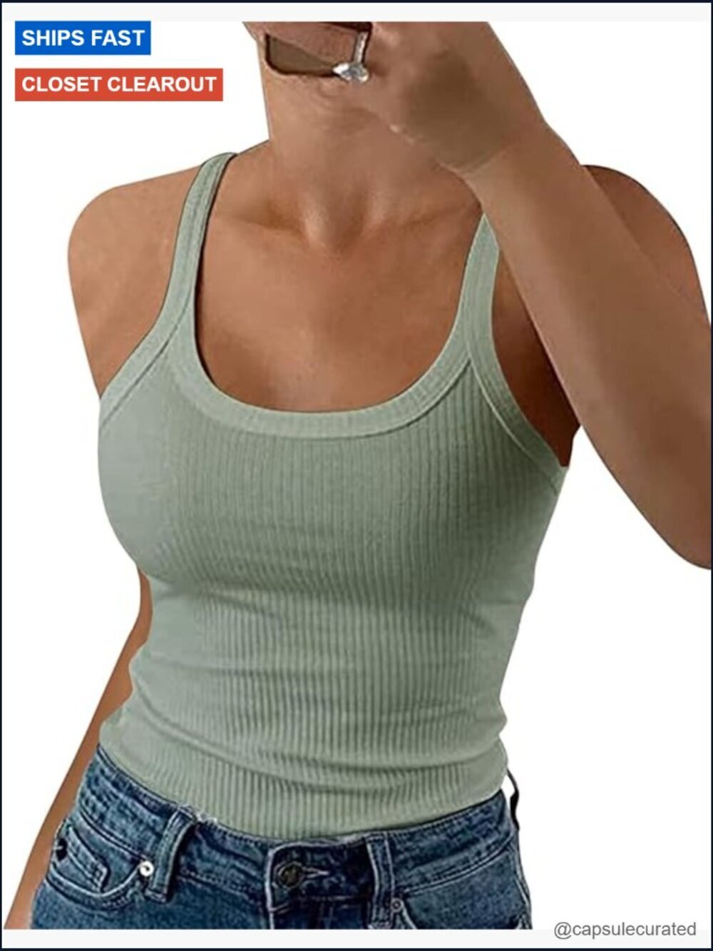 Spaghetti Strap Scoop Neck Ribbed Tank Top Slim Fitted Cotton Camisole Layering